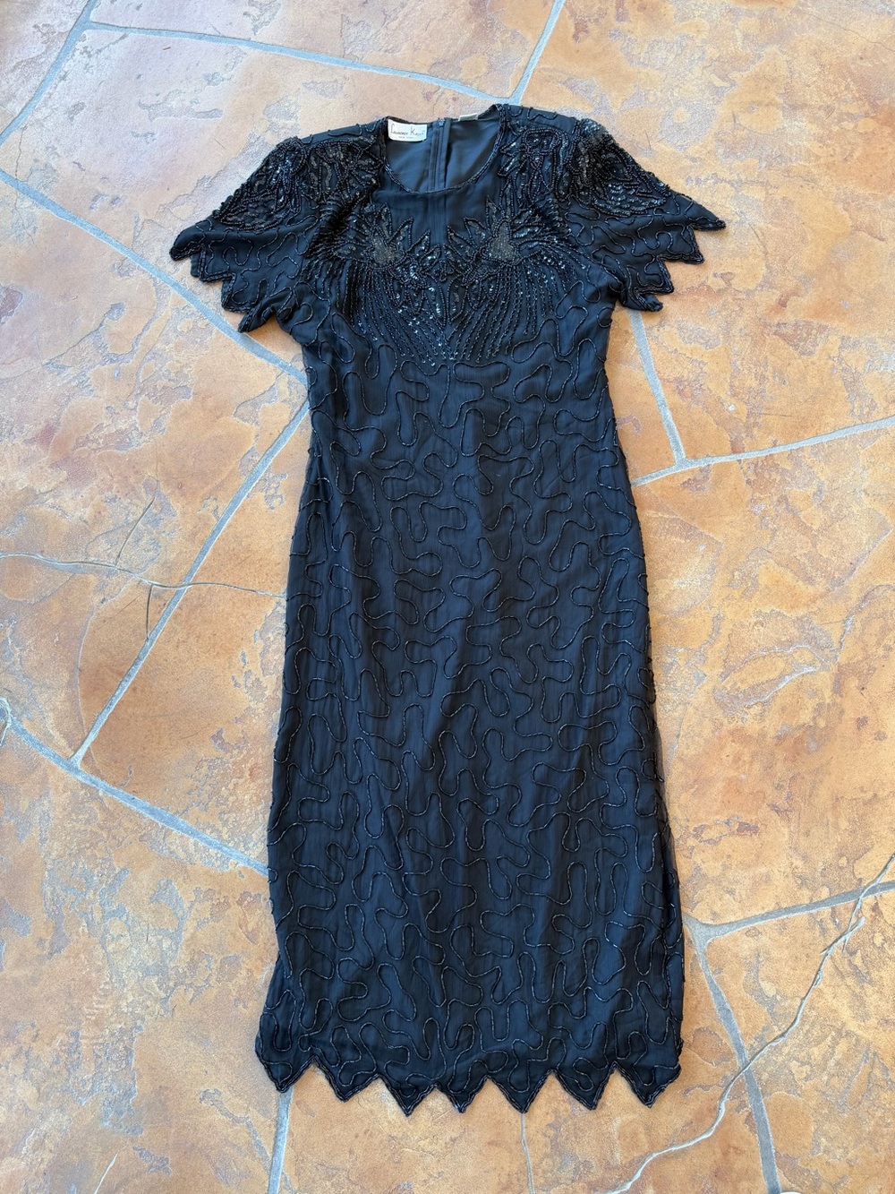 Vintage Laurence Kazar New York PXL Petite Black Beaded Sequin Silk Midi Dress